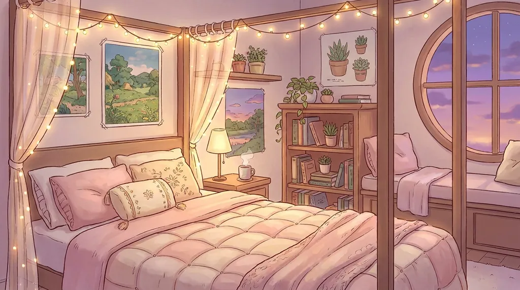 Soft Anime Cozy Pink Bedroom Fairy Lights Wallpaper