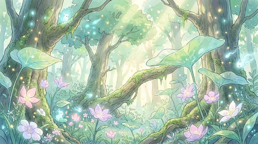 Soft Anime Enchanted Forest Flowers Wallpaper