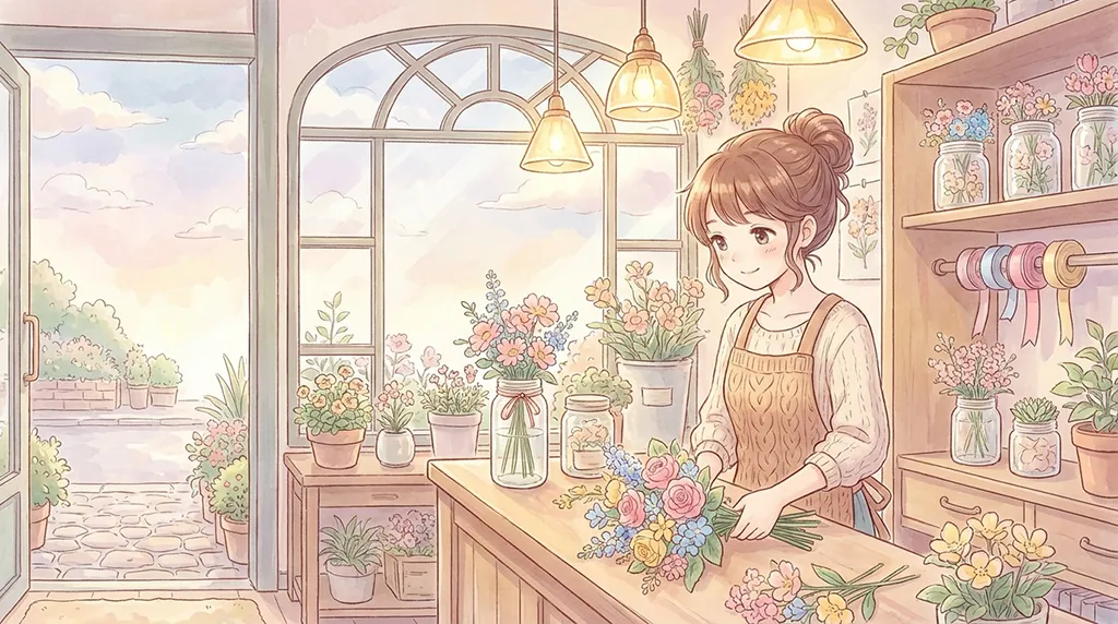 Soft Anime Florist Girl Pastel Flower Shop Wallpaper