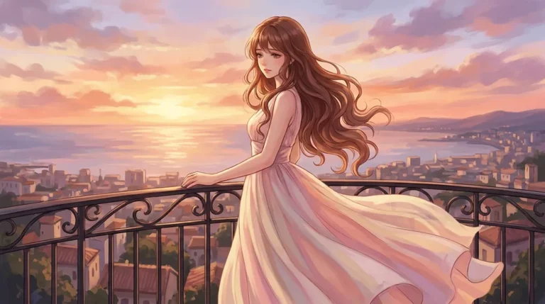 Soft Anime Girl Balcony Sunset Dress Wallpaper