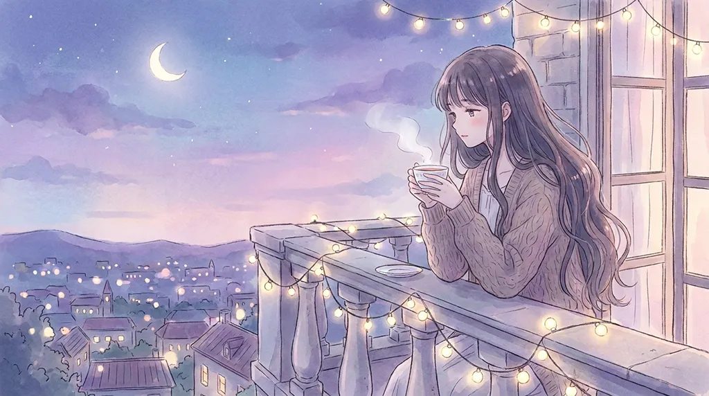 Soft Anime Girl Drinking Tea on Balcony Wallpaper