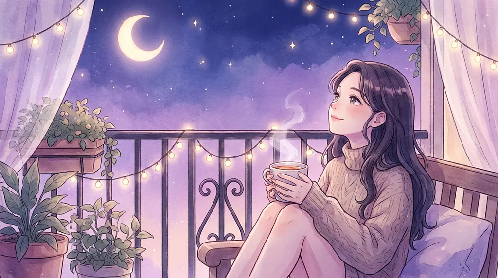 Soft Anime Girl Moonlit Balcony Tea Wallpaper