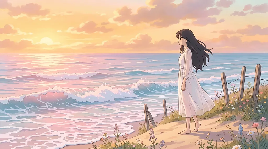 Soft Anime Girl Ocean Sunset Wallpaper