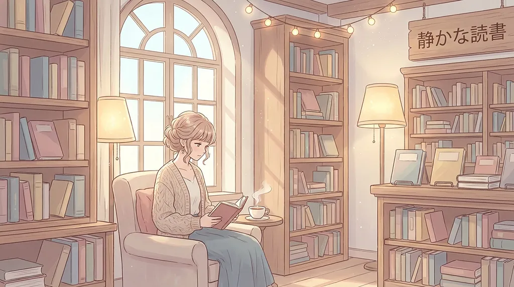 Soft Anime Girl Reading in Cozy Library Wallpaper