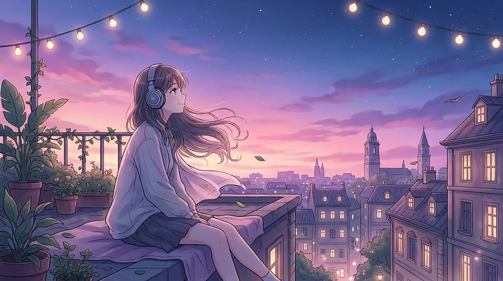 Soft Anime Girl Rooftop Music Sunset Wallpaper
