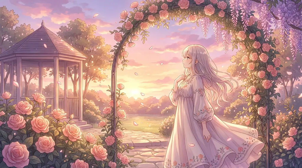 Soft Anime Girl Rose Garden Sunset Wallpaper