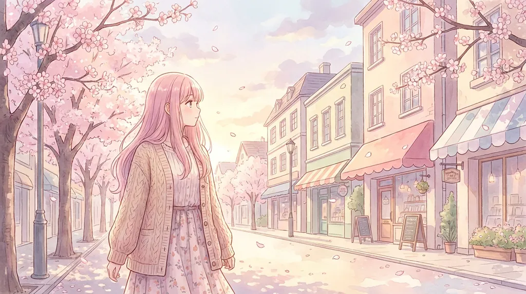 Soft Anime Girl Walking Under Sakura Wallpaper
