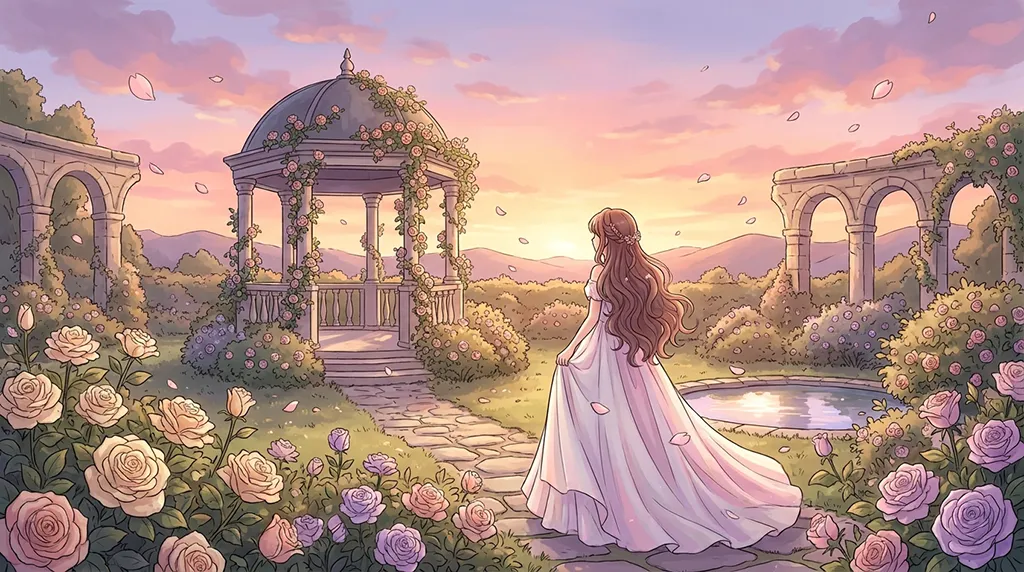 Soft Anime Girl in Rose Garden Sunset Wallpaper
