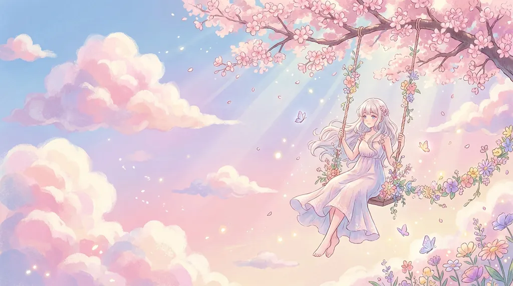Soft Anime Girl on Floral Sky Swing Wallpaper