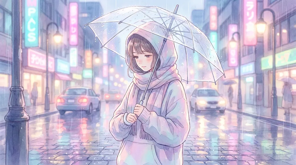 Soft Anime Girl with Umbrella Rain City Wallpaper