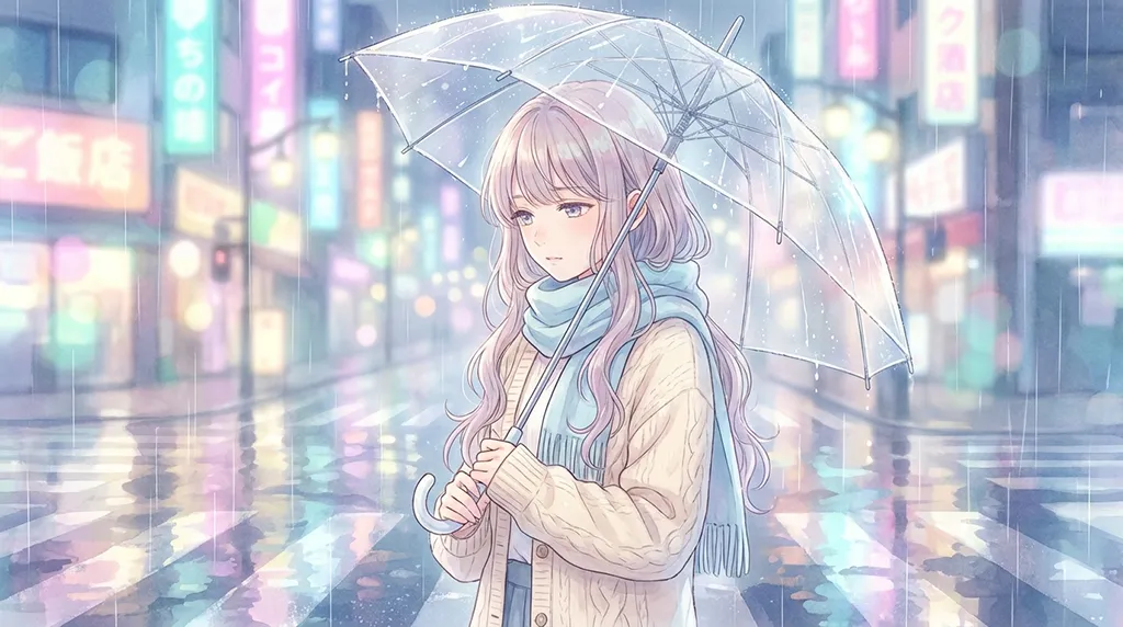 Soft Anime Girl with Umbrella Rain City Wallpaper
