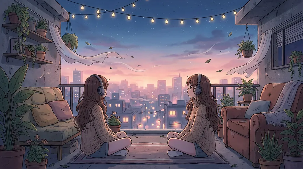 Soft Anime Girls Listening Music Rooftop Wallpaper