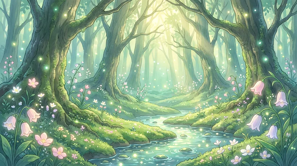 Soft Anime Magical Forest Stream Wallpaper