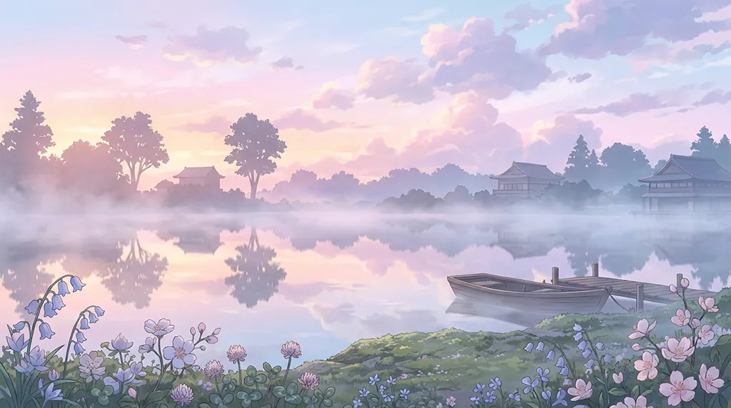 Soft Anime Misty Lake Morning Wallpaper