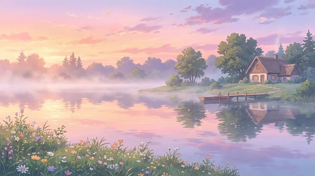 Soft Anime Misty Pink Lake Morning Wallpaper