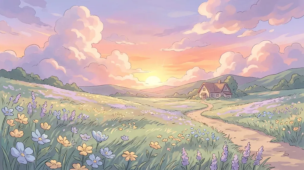Soft Anime Pastel Flower Field Sunset Wallpaper