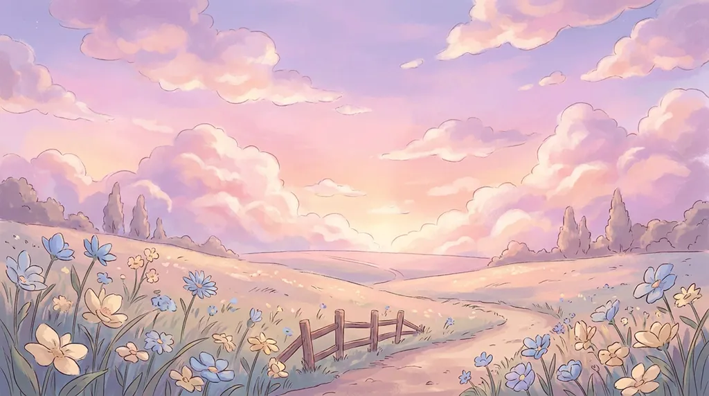 Soft Anime Pastel Landscape Flower Path Wallpaper