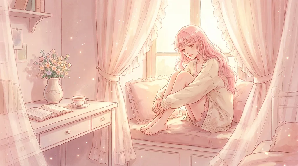 Soft Anime Pink Bedroom Window Wallpaper