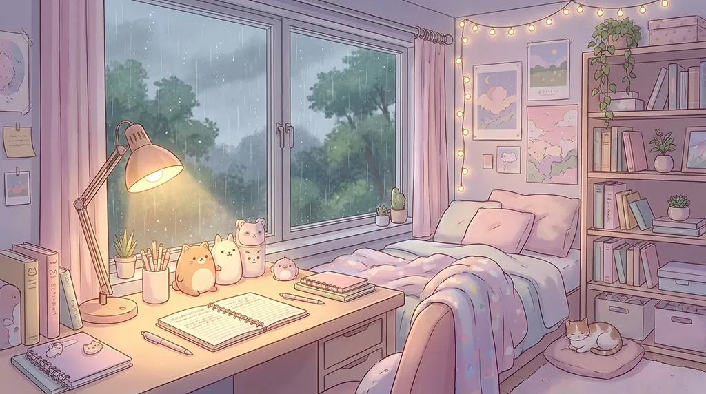 Soft Anime Rainy Pastel Bedroom Wallpaper
