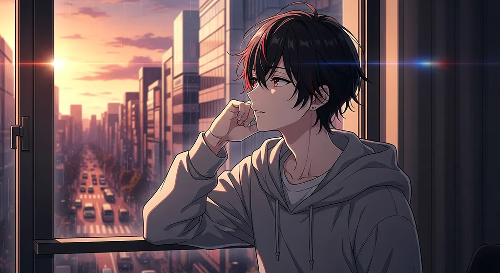 Thoughtful Anime Boy Window Sunset Wallpaper