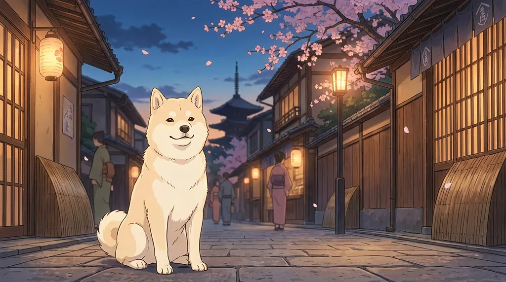 White Shiba Inu on Sakura Japanese Street Anime Wallpaper
