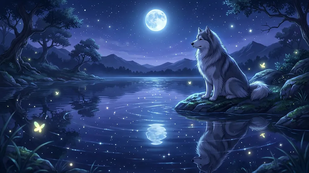 Wolf Under Full Moon Fantasy Lake Anime Wallpaper