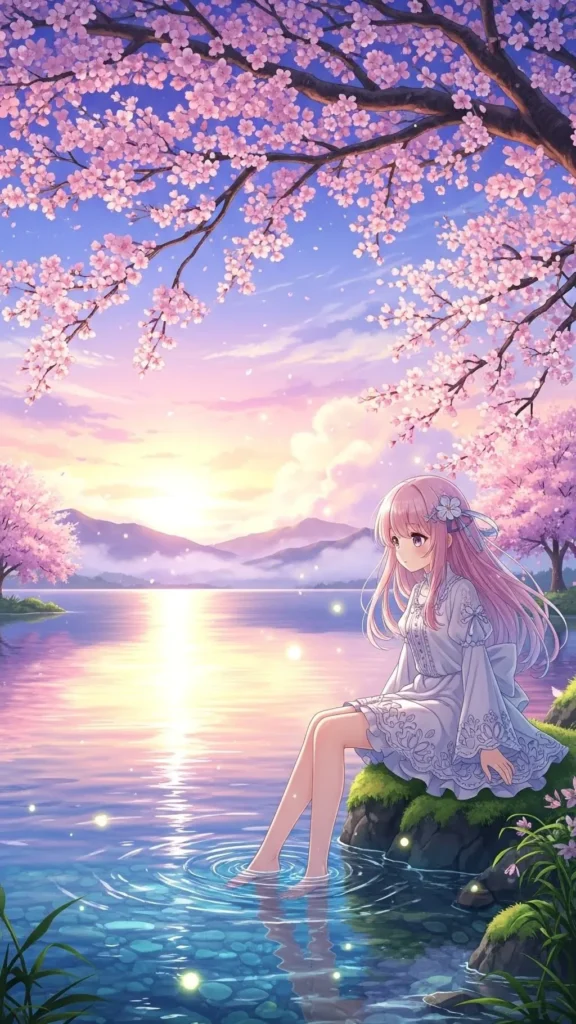 anime cherry blossom sunset phone wallpaper