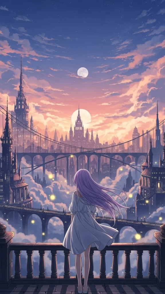 anime city fantasy sunset phone wallpaper