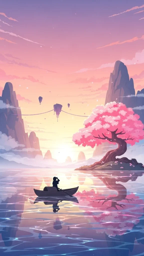 anime fantasy lake sakura phone wallpaper