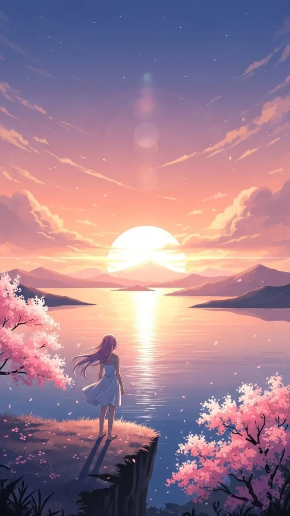 anime lake sunset girl phone wallpaper