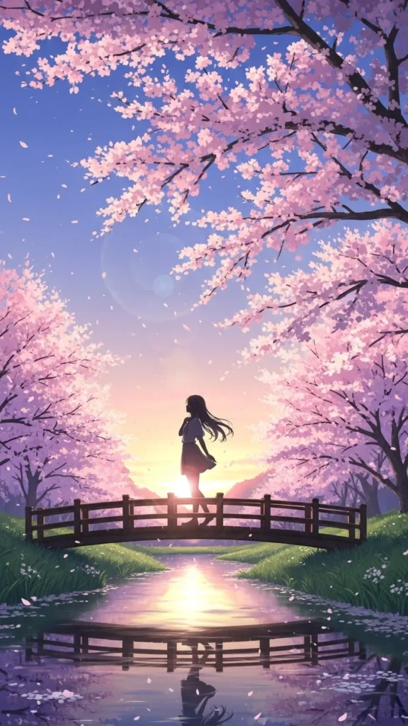 anime sakura bridge sunset phone wallpaper