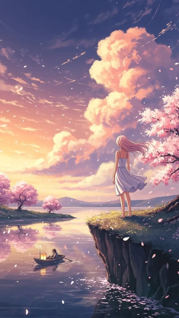 anime sakura lake sunset girl phone wallpaper