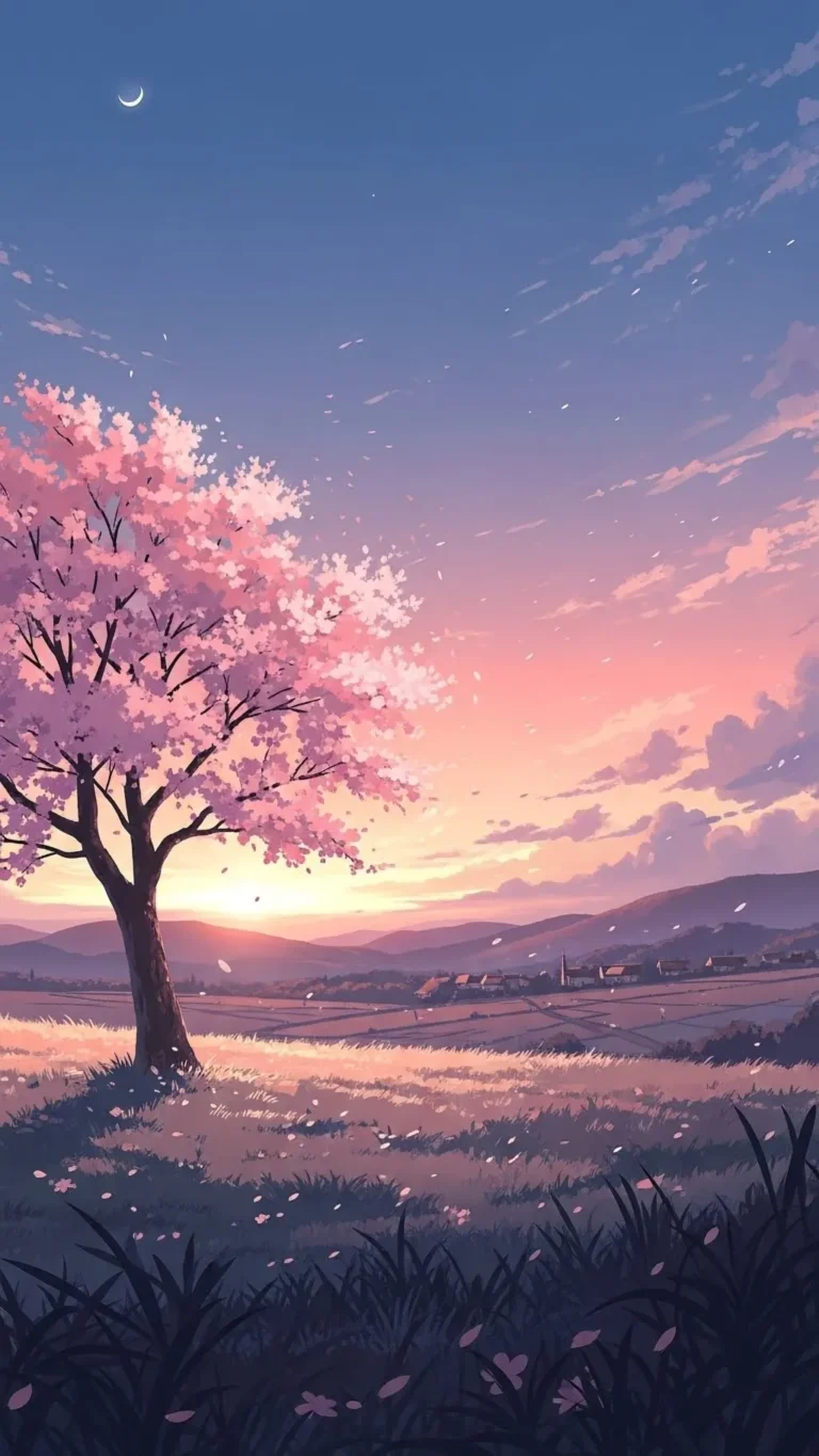 anime sakura sunset landscape phone wallpaper